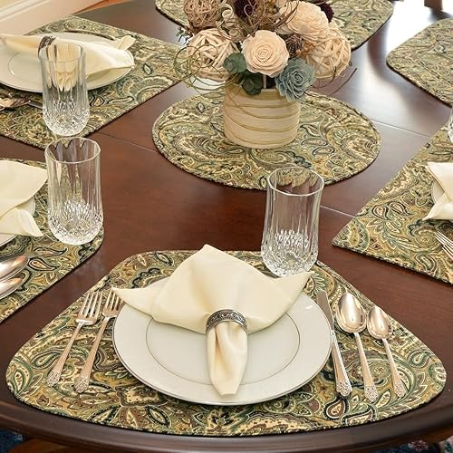 Miniatura 8 de Sweet Pea Linens Manteles individuales en forma de cuña de cachemira amarillo mostaza, marrón y negro, juego de dos