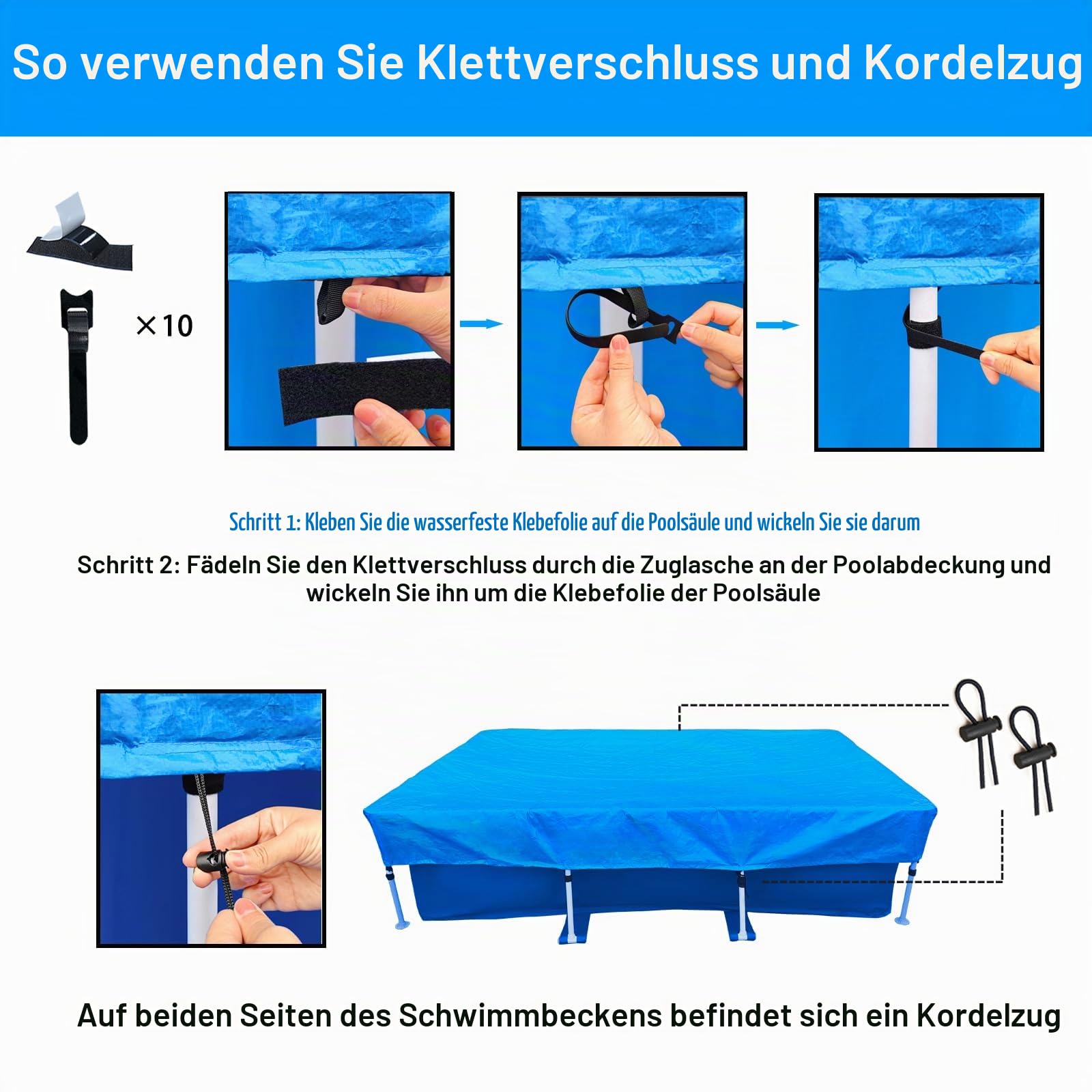 Rechteckige Poolabdeckung 220 x 150 cm für Oberirdische Pools aus 5-Schicht Reißbeständig PE Wasserdicht Sommer & Winter Pool Cover Easy Set für Rechteckiger Rahmen Pool