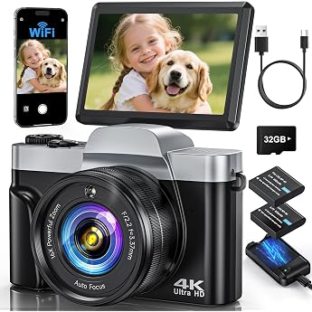 4 K 64MP Digital Camera with WiFi 16 X Digital Zoom 180  Flip Screen Autofocus Vlogging Camera with Selfie WiFi Compact Camera with 32GB Card 2 Batteries for Beginners