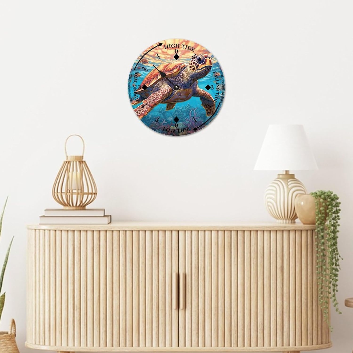 Vintage Beach Time Tide Clock - Sea Turtle Tidal Clock Moon Clock Silent Non-Ticking Battery Operated Wooden Wall Clock for Cottage Beach Boat Living Room Bedroom Home Decor 12x12 in