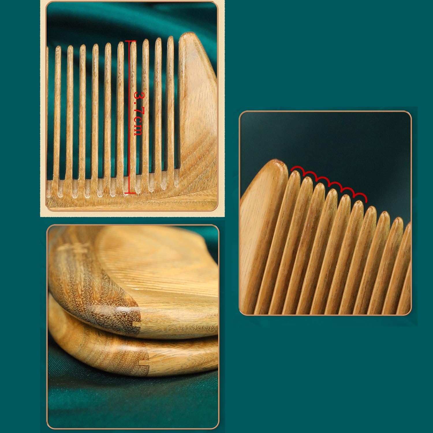 Peine de Madera Hecho a Mano, Peine de sándalo Verde antiestático con Mango, Peine de Madera desenredante para Cabello Rizado (Diente Ancho A)