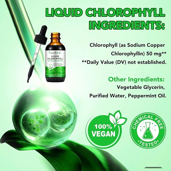 Chlorophyll Liquid Drops for Water, 60ml, High Strength Chlorophyll Liquid, Supports for Body Cleansing, Promoting Skin Health & Digestion, Men & Women, Mint Flavor