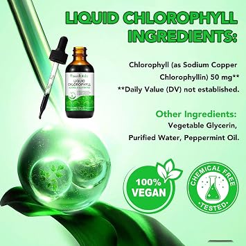 Chlorophyll Liquid Drops for Water, 60ml, High Strength Chlorophyll Liquid, Supports for Body Cleansing, Promoting Skin Health & Digestion, Men & Women, Mint Flavor