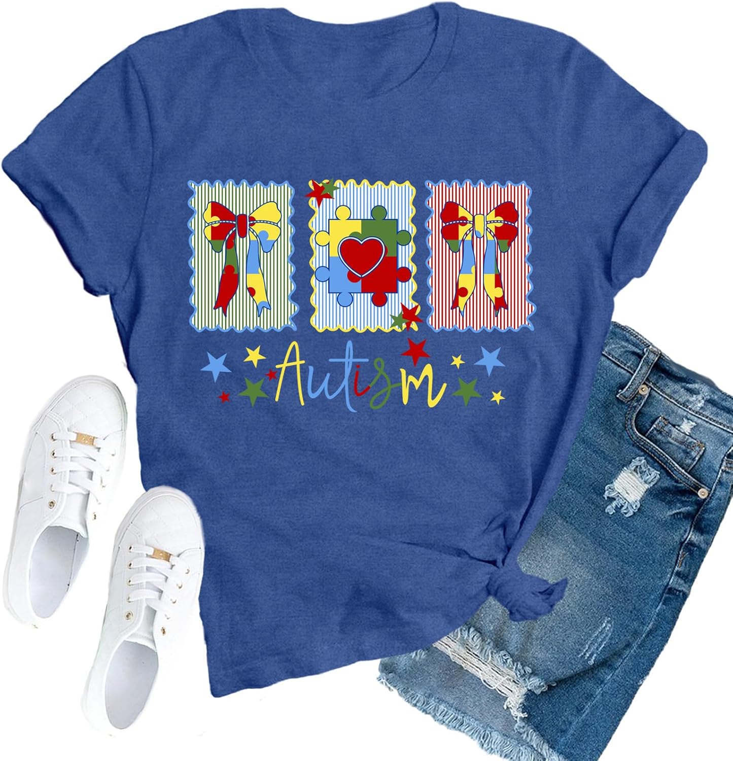 Autism Awareness Shirts for Women Autism Puzzle Bow Tshirt Autistic Mental Health Top