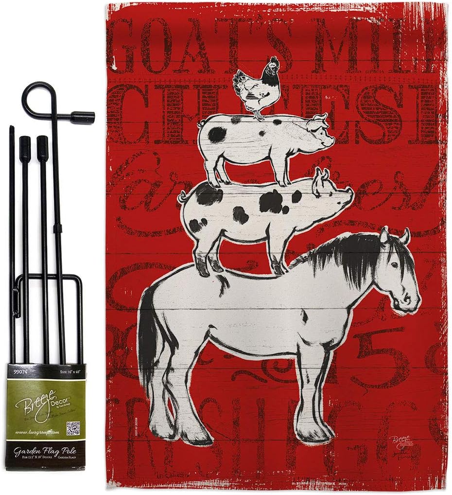 Farm Life Burlap Garden Flag Animals Barnyard Animal Cow Horse Rooster Farmhouse Pet Nature Creature Small Decorative Gift Yard House Banner Double-Sided Made In USA 13 X 18.5