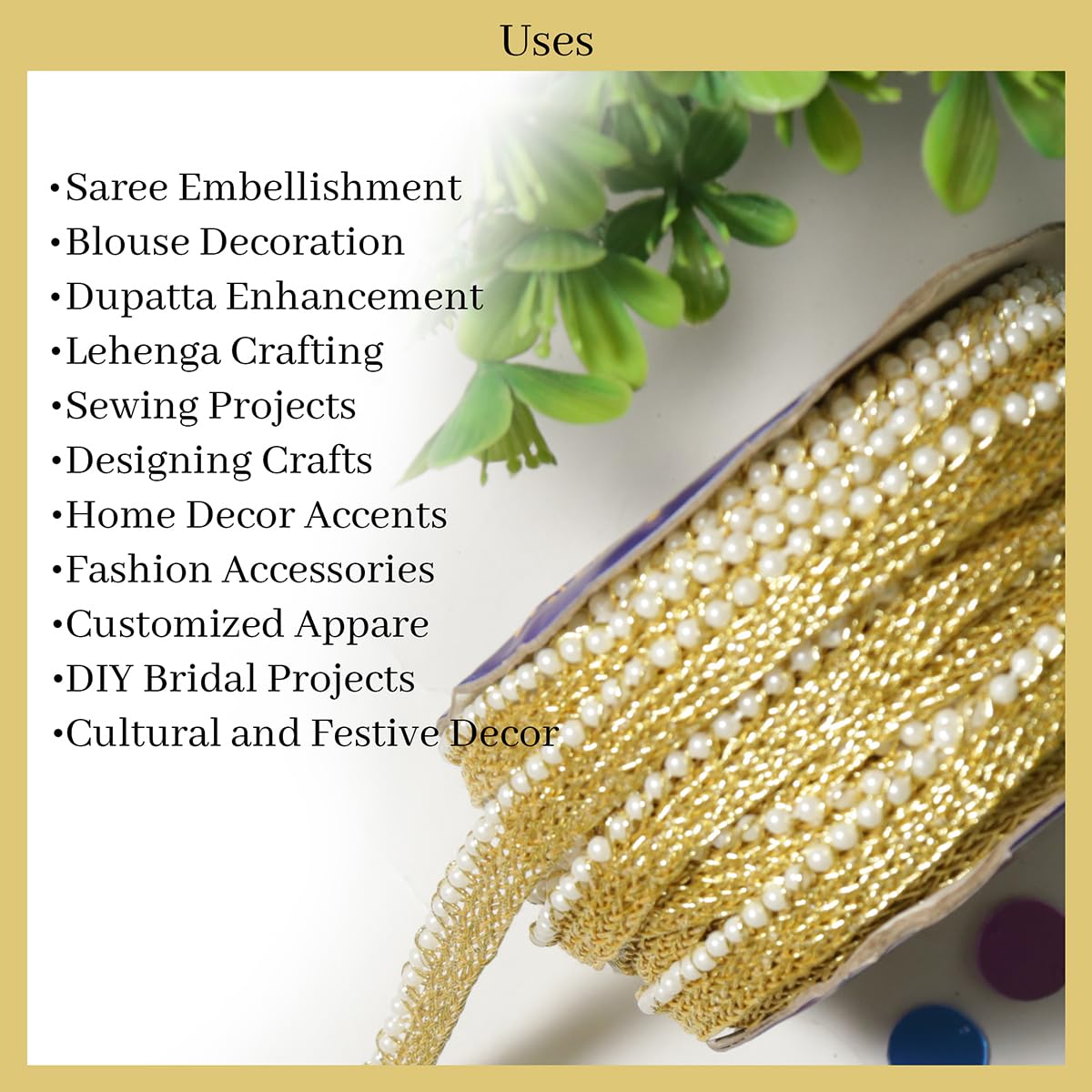 Embroiderymaterial Pearl Lace with Shimmering Gold Finish Zari Border Lace Perfect for for Saree, Blouse, Dupatta, Lehenga, Sewing, Designing Crafts and Home Decor (9 Meter) 4