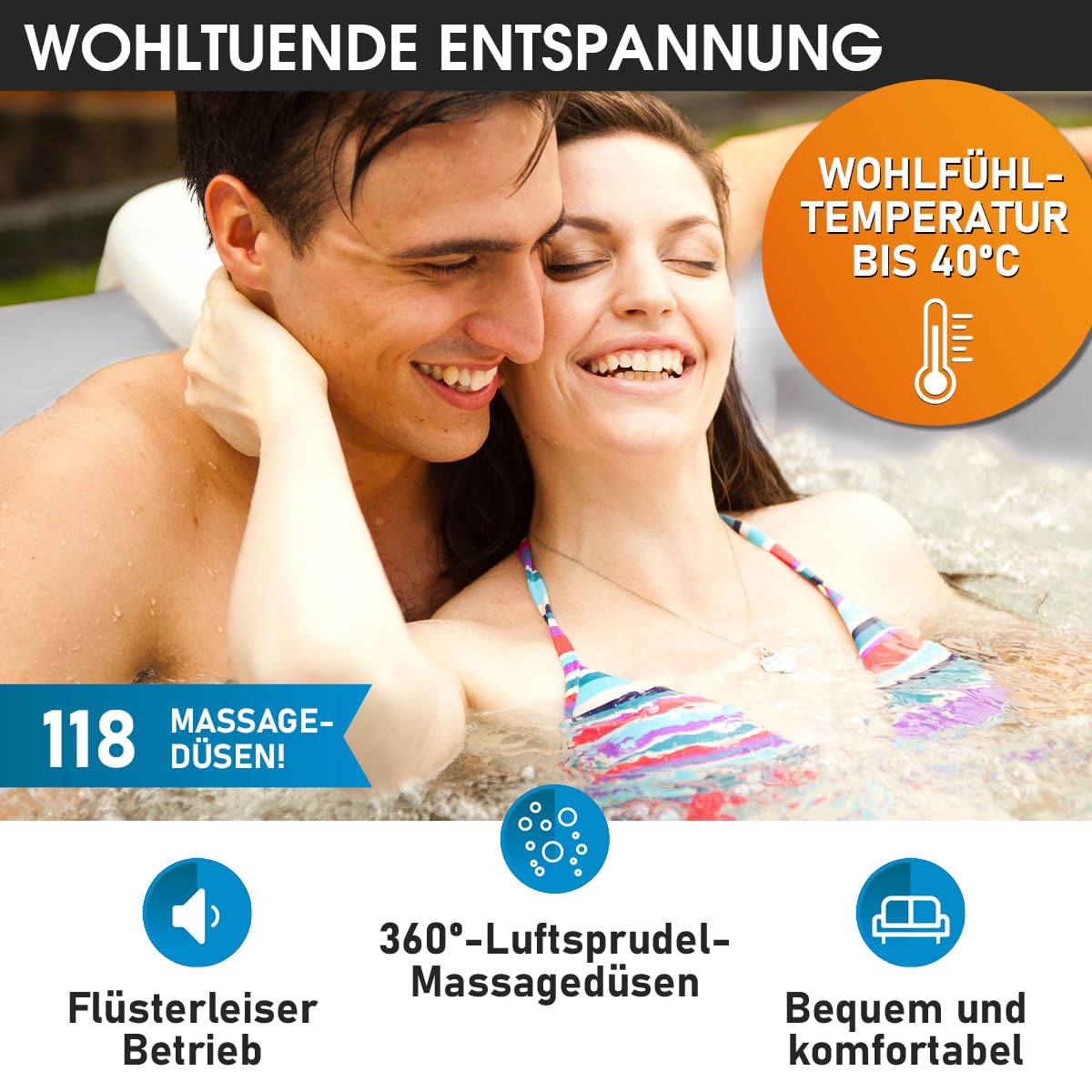 BRAST Whirlpool aufblasbar MSpa Bergen für 4-8 Personen | viele Größen Ø180-224cm | In- Outdoor Pool | Ganzjähriger Einsatz | bis zu 144 Massagedüsen | Stromsparend inkl. Energiespar-Timer | Bergen 4