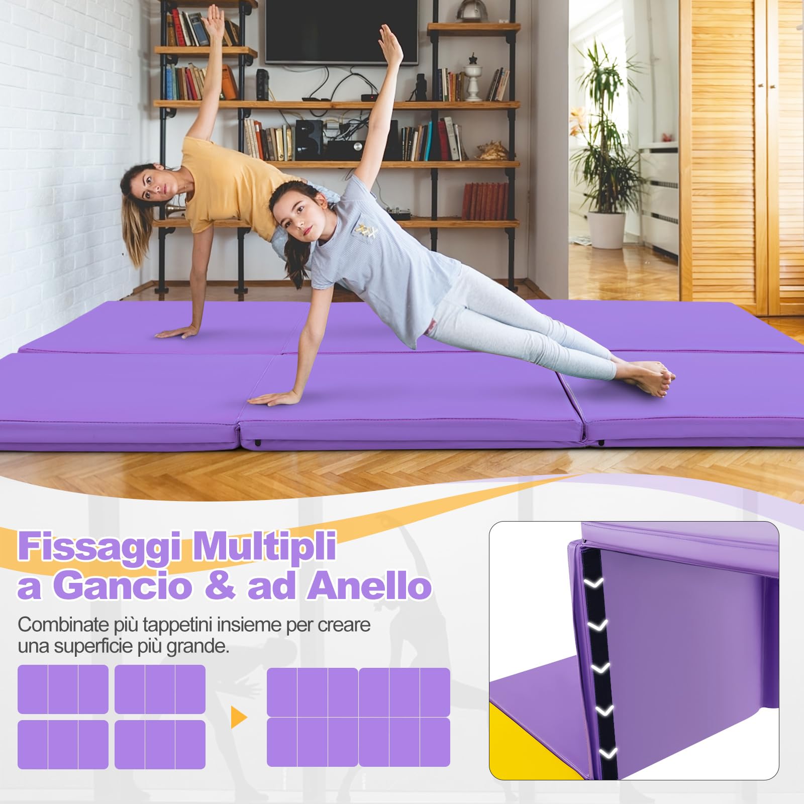 GYMAX Tappetino da Yoga, 180 x 60 x 5 cm, Materassino per Ginnastica 3 Segmenti, Pieghevole e Portatile con Manico