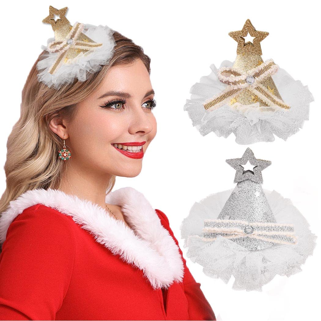 Kilshye Christmas Hat Hair Clip Girls Gold Sequins Lace Hair Clips 2Pcs Star Xmas