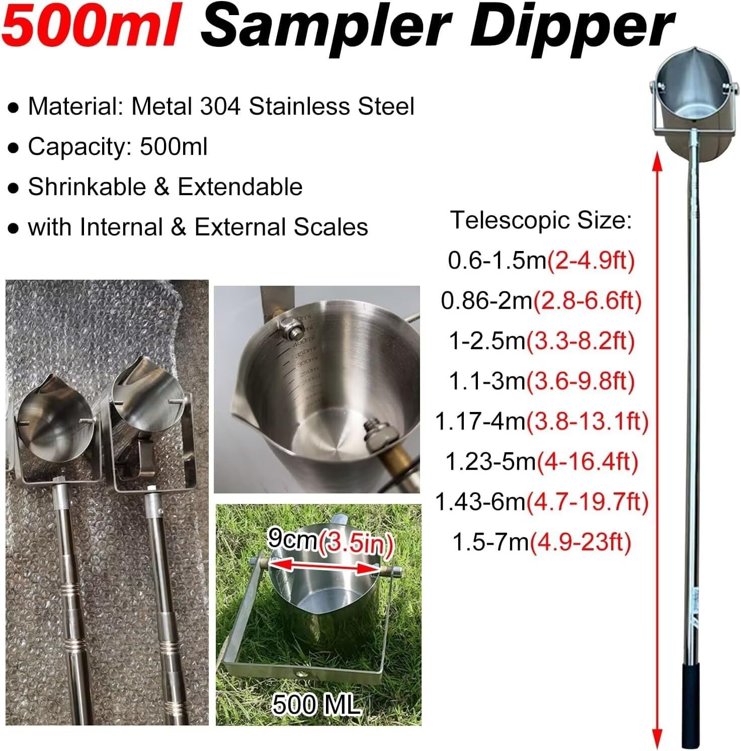 Pértiga telescópica de acero inoxidable for muestreo de agua,cucharón extensible análisis de agua,muestreo de laboratorio y monitoreo ambiental,varilla de recolección retráctil.