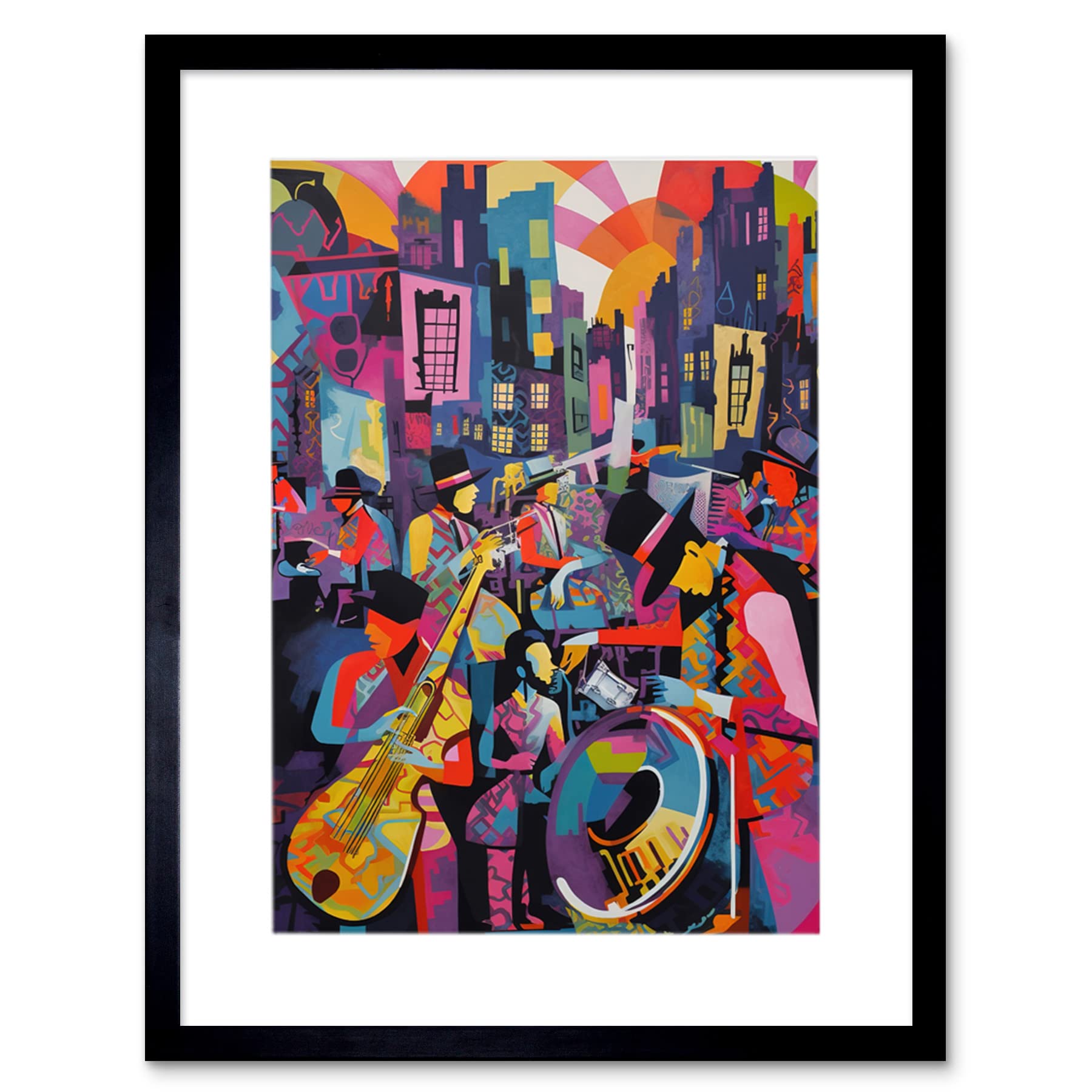 Artery8 New Orleans Jazz Festival Street Musicians Playing Music City at Sunset Abstract Modern Painting Artwork Framed Wall Art Print 12X16 Inch