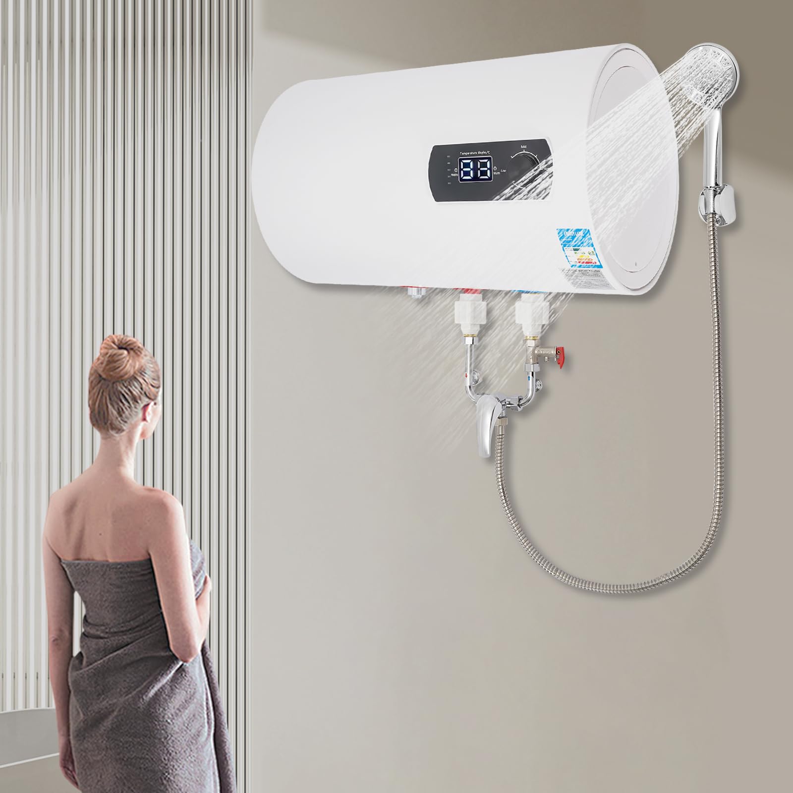 Calentador de agua eléctrico de tanque 2000W, calentador de agua eléctrico de pared, calentador de agua con tuberías de agua, ducha manual y grifo incluido, hervidor de agua caliente de 25-75 ℃ con