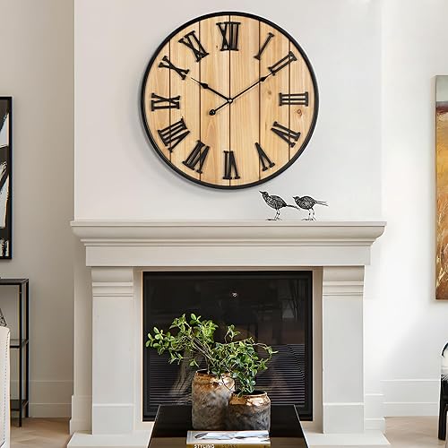 Miniatura 8 de Reloj de pared grande de 16 pulgadas, reloj de pared silencioso de metal estilo madera, funciona con pilas para decoración de sala de estar, reloj
