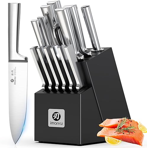 imarku Juego de 15 cuchillos con afilador integrado, juego de cuchillos de cocina de acero inoxidable japonés de alto carbono, apto para
