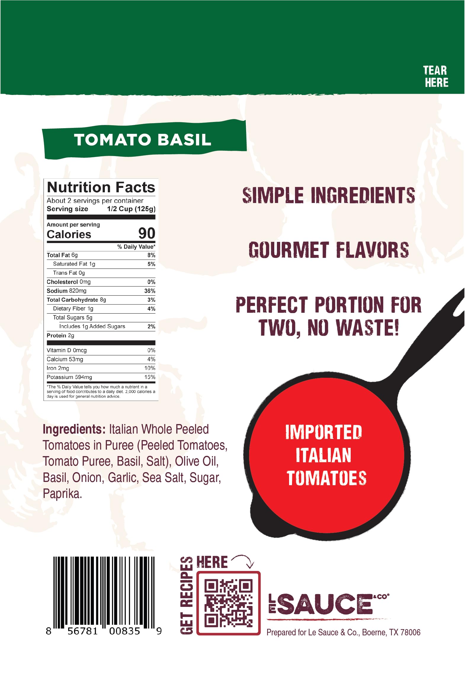 Always Fresh, Two Servings, Tomato Basil Gourmet Pasta Sauce (2-pack), Le Sauce & Co. Imported Italian San Marzano Tomatoes, Tomato Sauce, All Natural, Low Sugar, Fresh Basil, Light Tomato Sauce