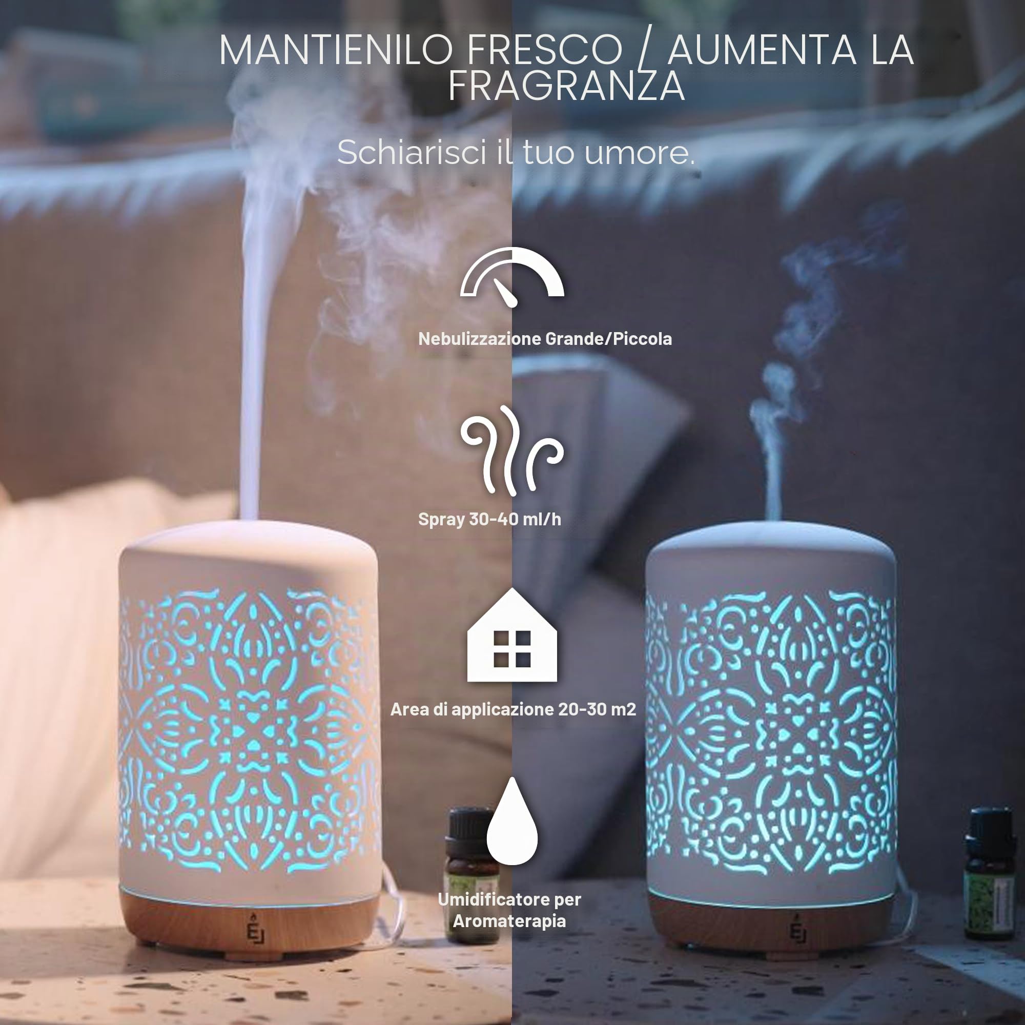 Earnest Living Diffusore Smart WiFi per oli essenziali, diffusore in ceramica, 250 ml, con app Alexa Google Home, controllo telefonico, LED e spegnimento automatico, umidificatore per ufficio,