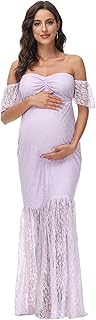 JustVH Maternity Off Shoulder Ruffle Sleeve Lace Wedding Gown Maxi Photography Dress for Photo Shoot Dress