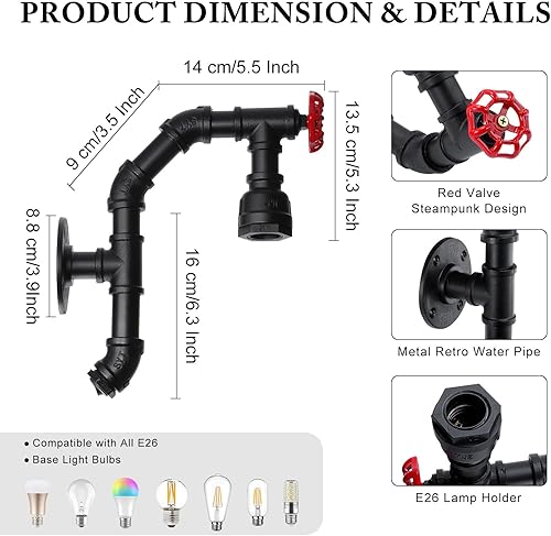 Miniatura 3 de XEYOU Lámpara de pared retro vintage industrial steampunk aplique de pared con interruptor, tubo de agua de metal, lámpara de pared E26 Edison
