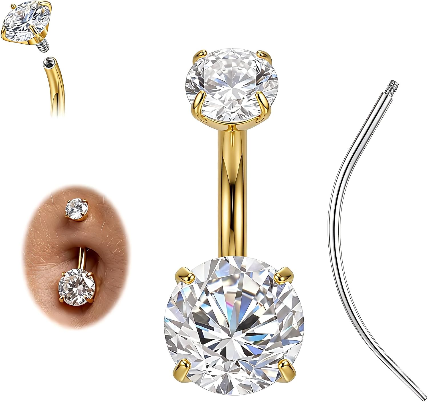 AceFun Titanium Belly Button Ring Gold Silver 14G 6mm 8mm 10mm 12mm 14mm G23 Belly Button Piercing Bar with Insertion Piercing Taper Internally Threaded Navel Piercing Jewelry for long Nails Women