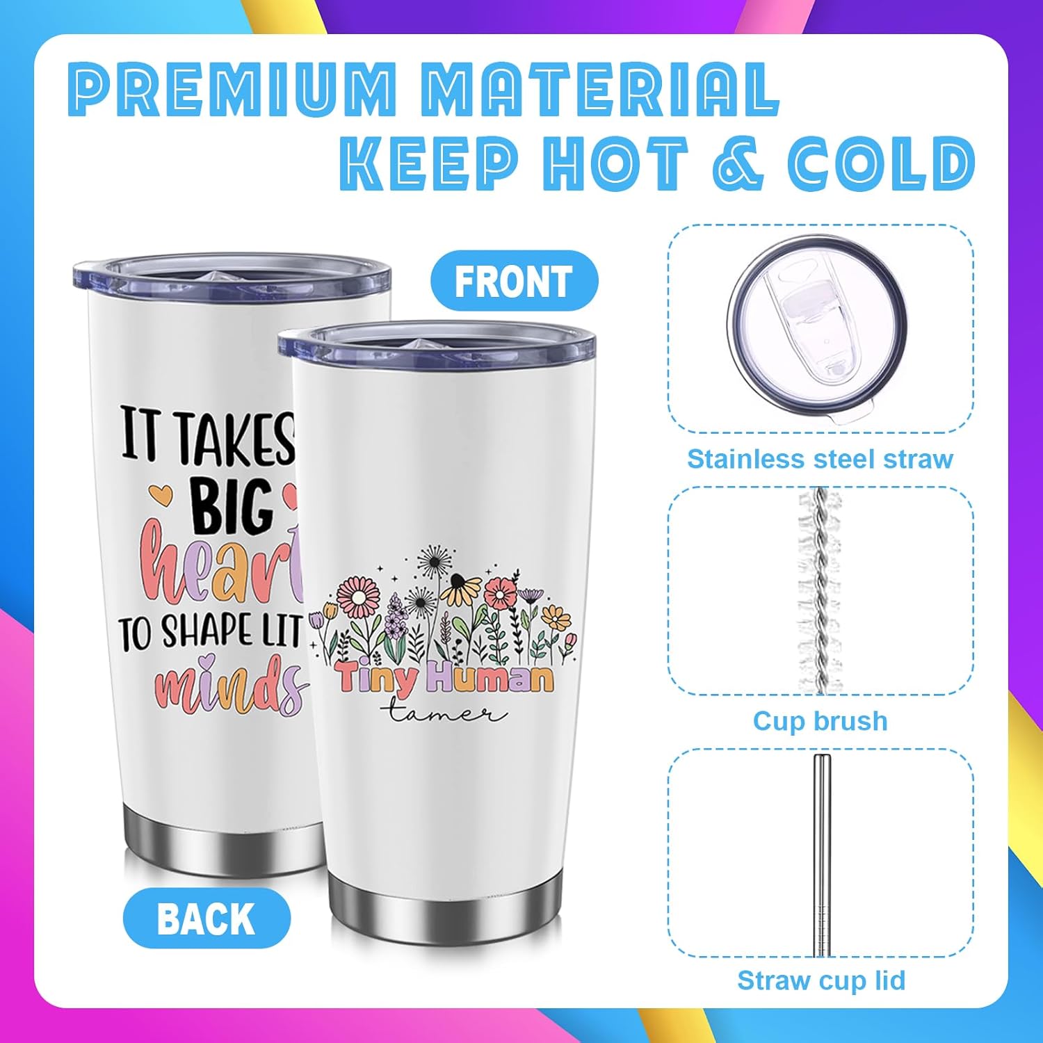 Daycare Teacher Appreciation Gifts Set 7 Pcs Tiny Humans Tamer Gifts Includes 20oz Tumbler, Canvas Bag Cosmetic Bag Notebook Pen Scented Oil and Keychain for Daycare Teachers - Image 3