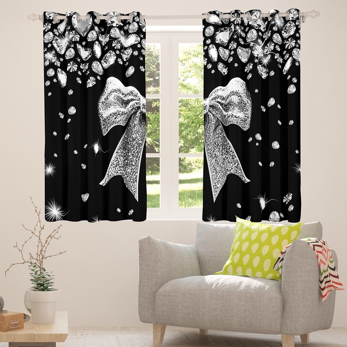 Cute Ribbon Bowknot Blackout Curtains for Living Room,Sparkling Silver Bow Window Curtains 2 Panels 52"Wx63"L Inch,Grey Glitter Diamond Black Bow Tie Kawaii Geometric Bow-Tie Window Treatments Drapes