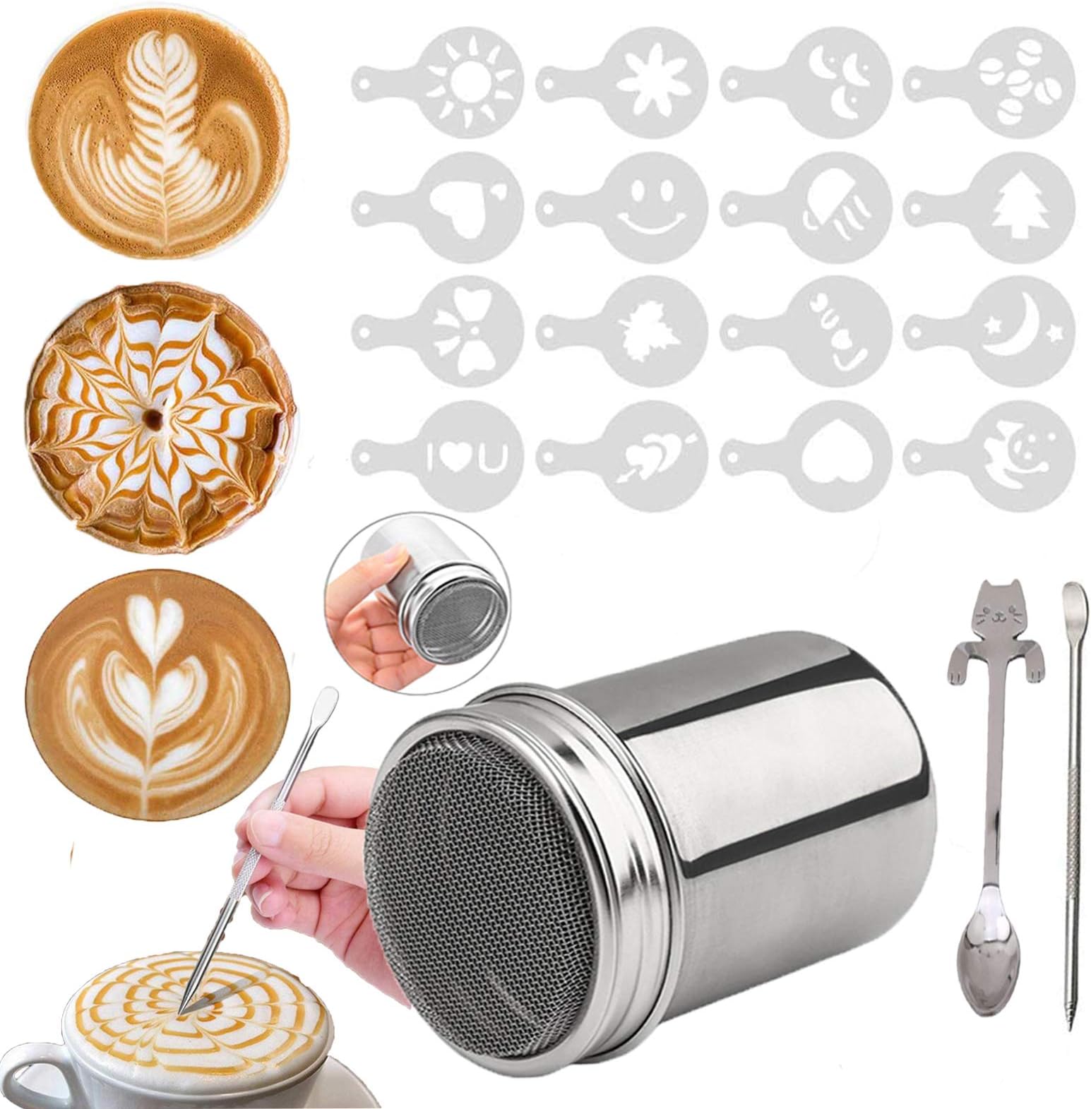 Chocolate Shaker with Lid Stainless Steel Flour Shaker Chocolate Sprinkles for Cappuccino Coffee Icing Sugar Cocoa with 16 Coffee Stencil + Cat Coffee Spoon
