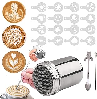 Panlom Chocolate Shaker with Lid Stainless Steel Flour Shaker Chocolate Sprinkles for Cappuccino Coffee Icing Sugar Cocoa with 16 Coffee Stencil + Cat Coffee Spoon