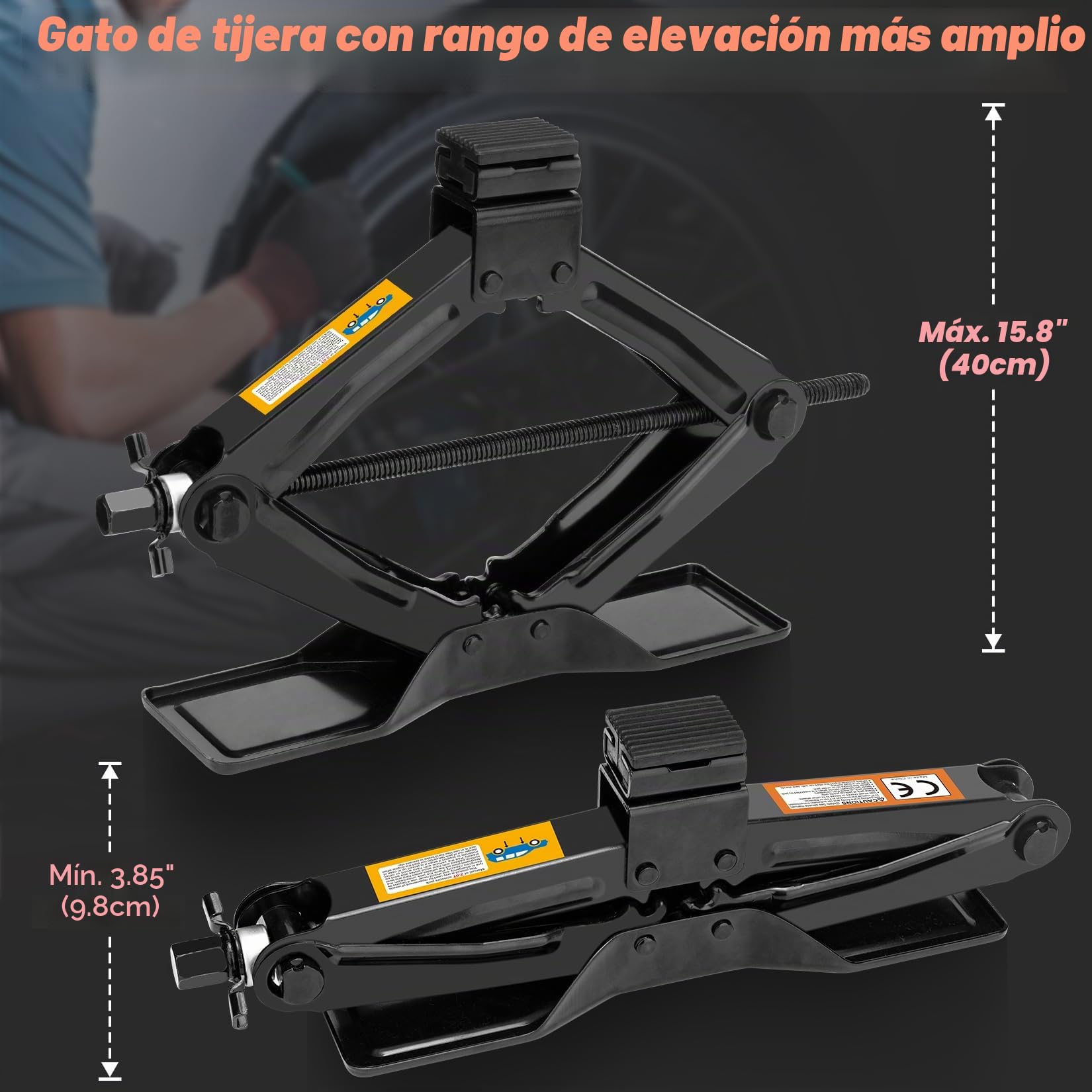 SHALL Kit de gato de tijera de 2 toneladas, base extra larga y ancha, neumático de elevación de 98 mm a 400 mm, juego completo de cambio de neumáticos (trinquete, llave de rueda y guantes) para