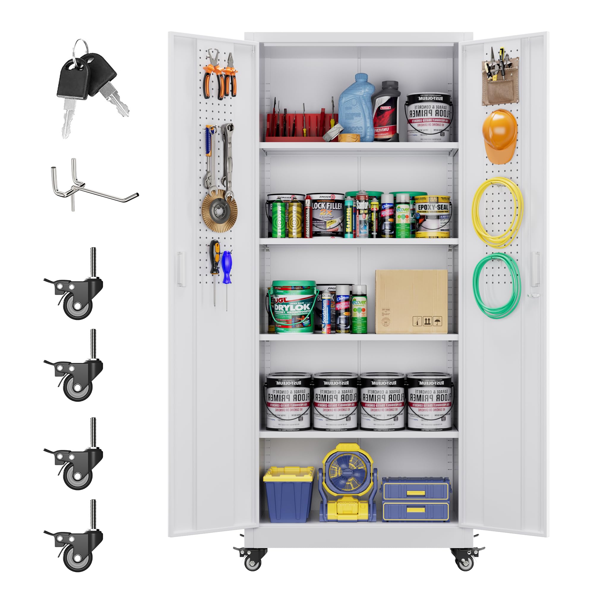 73" H Metal Storage Cabinet with Wheels, Pegboard and 4 Hooks, Garage Storage Cabinet with 4 Adjustable Shelves and 2 Lockable Doors for Garage Home Office, Basement, Assembly Required, White