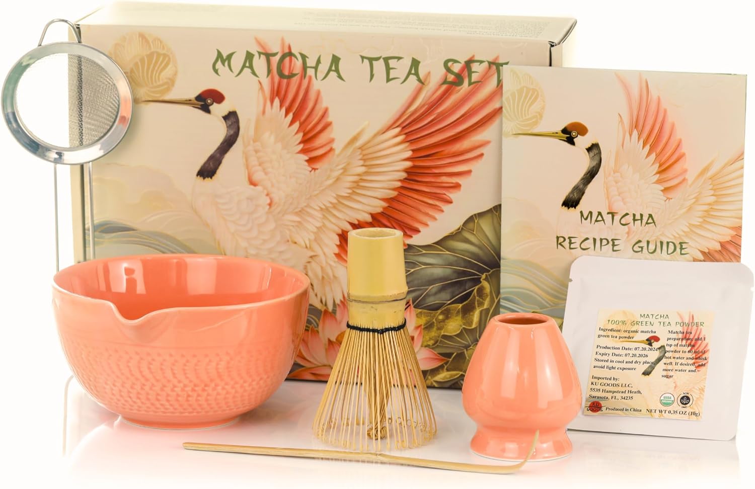 Matcha Whisk Set, Ceramic Bowl with Spout, Bamboo Whisk, Ceremonial Matcha Powder, Recipe Guide, Sifter, Holder, Scoop, Matcha Kit for Tea Lovers, Gift Box (Salmon Pink)