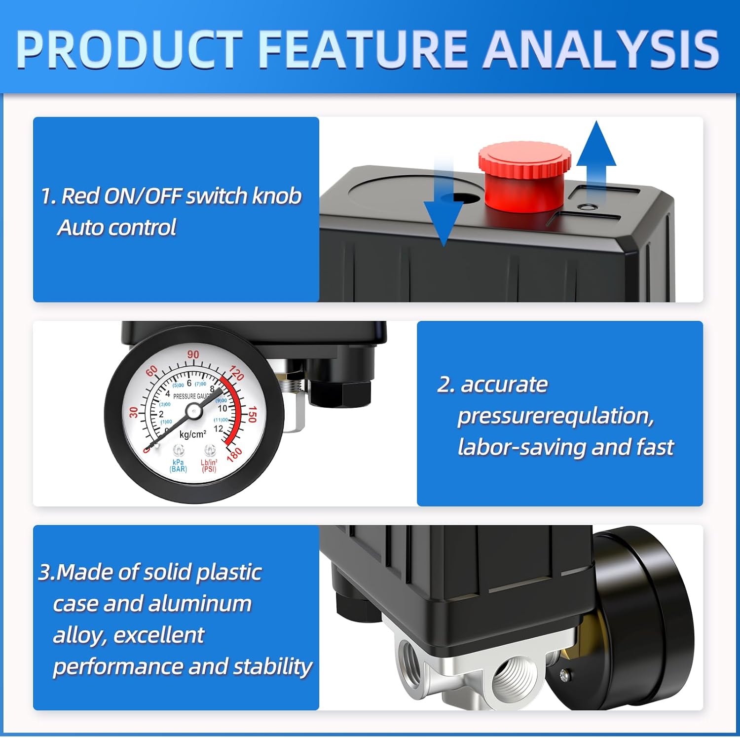 MEANLIN MEASURE Air Compressor Pressure Switch Control Valve 90-120 PSI 110V-240V 4-way Replacement Parts With 0-180 Psi Air Compressor Regulator and Safety Pressure Relief Valve