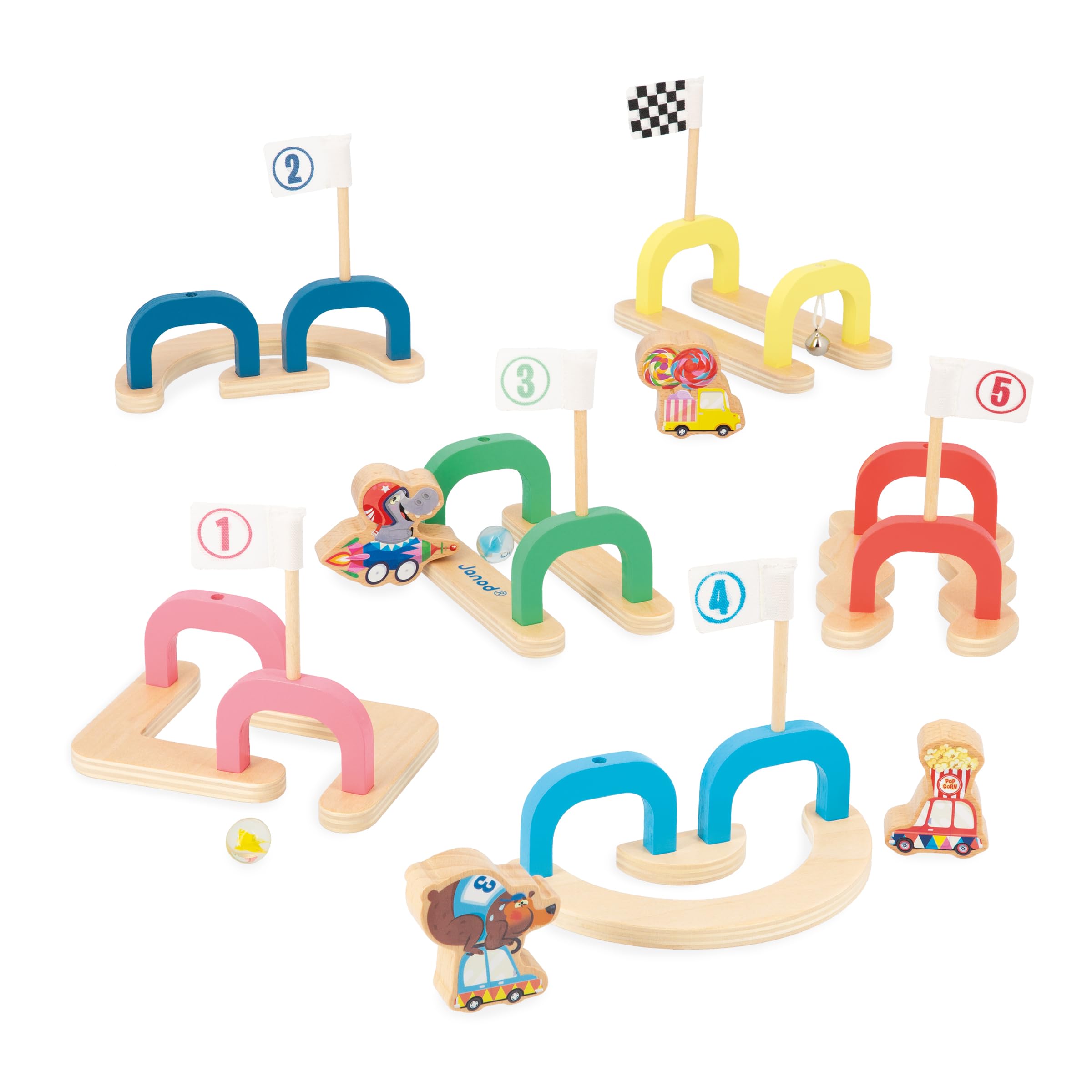 Janod, Applepop Children’s Marble Game, Game of Skill, 6 Sections + 2 Marbles + 4 Playing Pieces