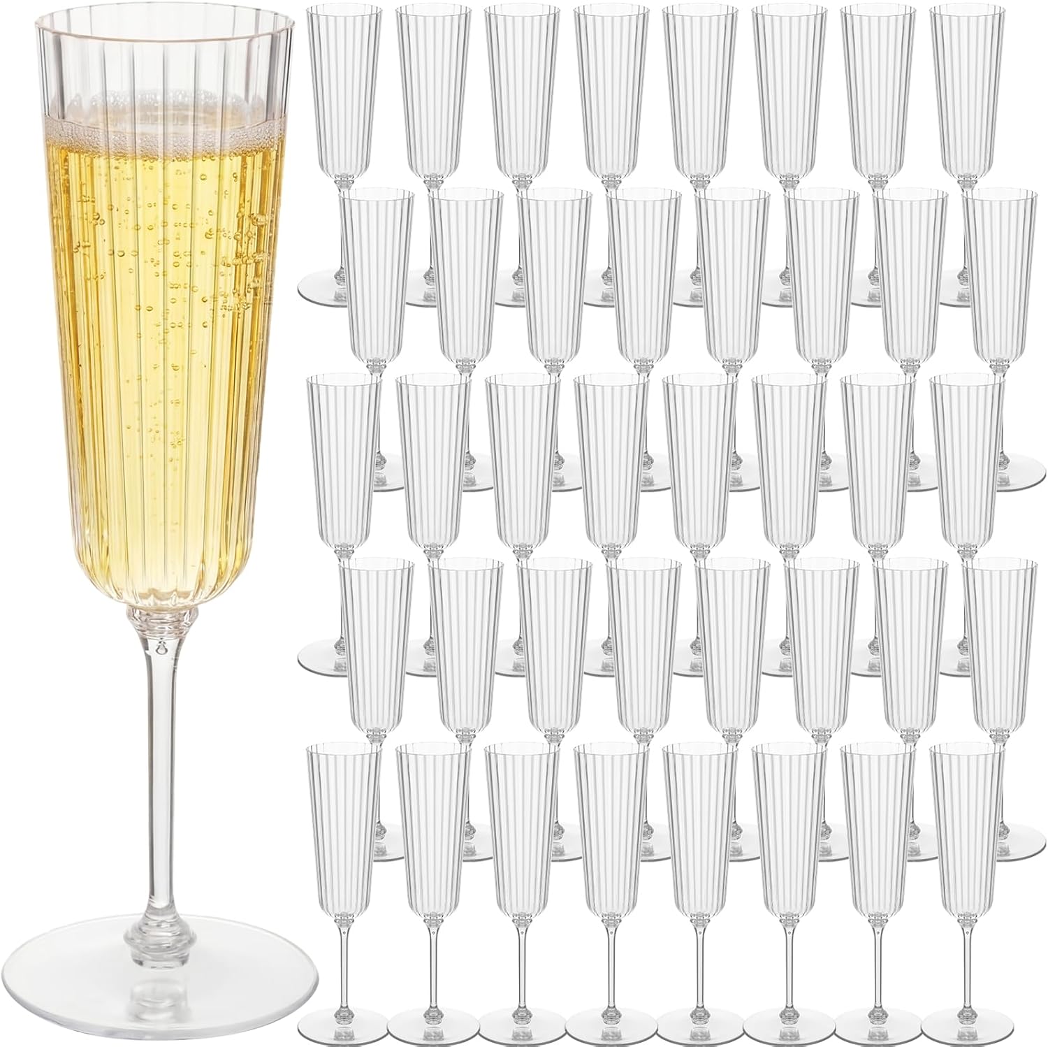 48 Pcs Plastic Ribbed Champagne Flutes With Stem, 6.4 oz Clear Vintage Disposable C...