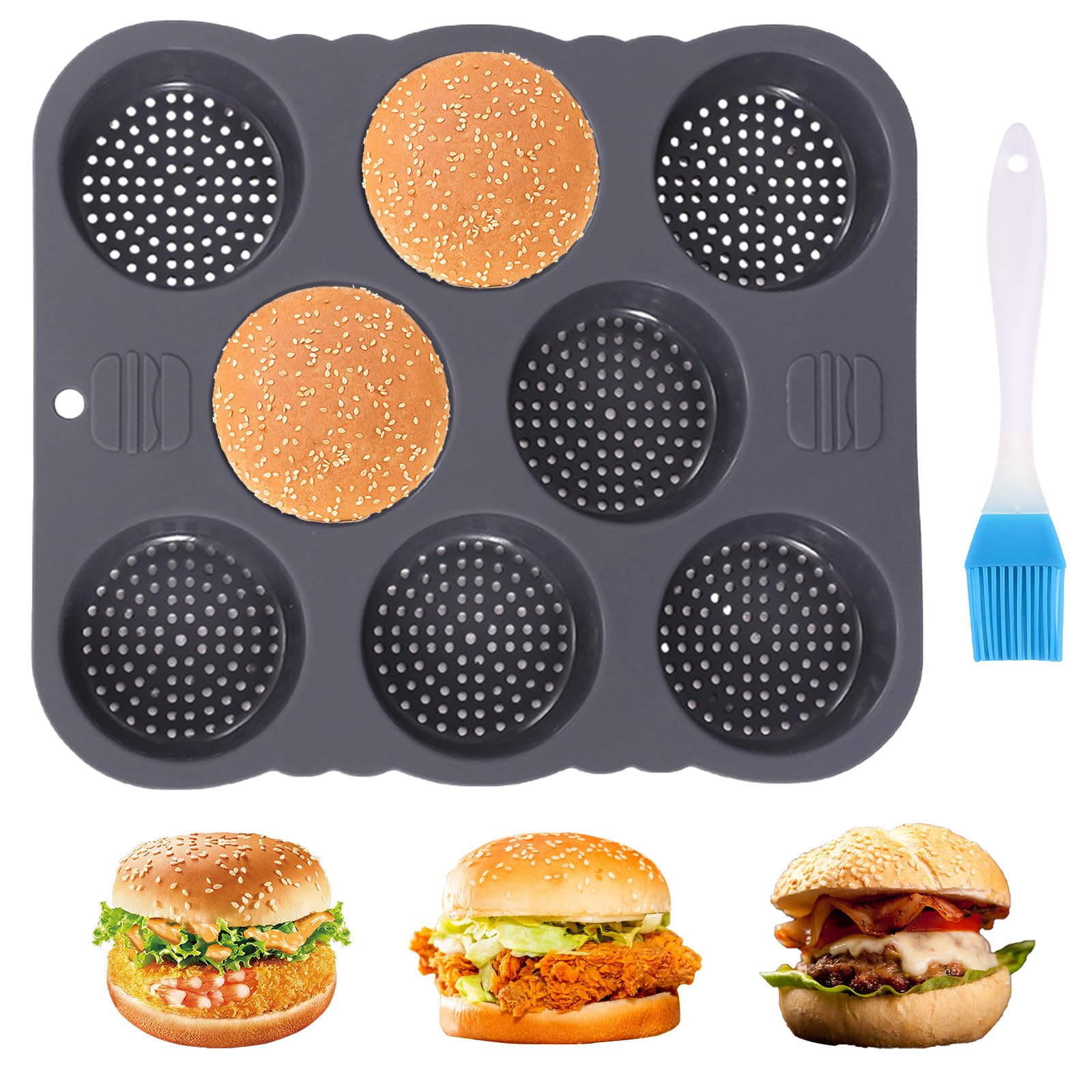 Lot de 8 moules à chignon en silicone pour hamburger - Pliable - Antiadhésif - Avec brosse à huile - Réutilisable