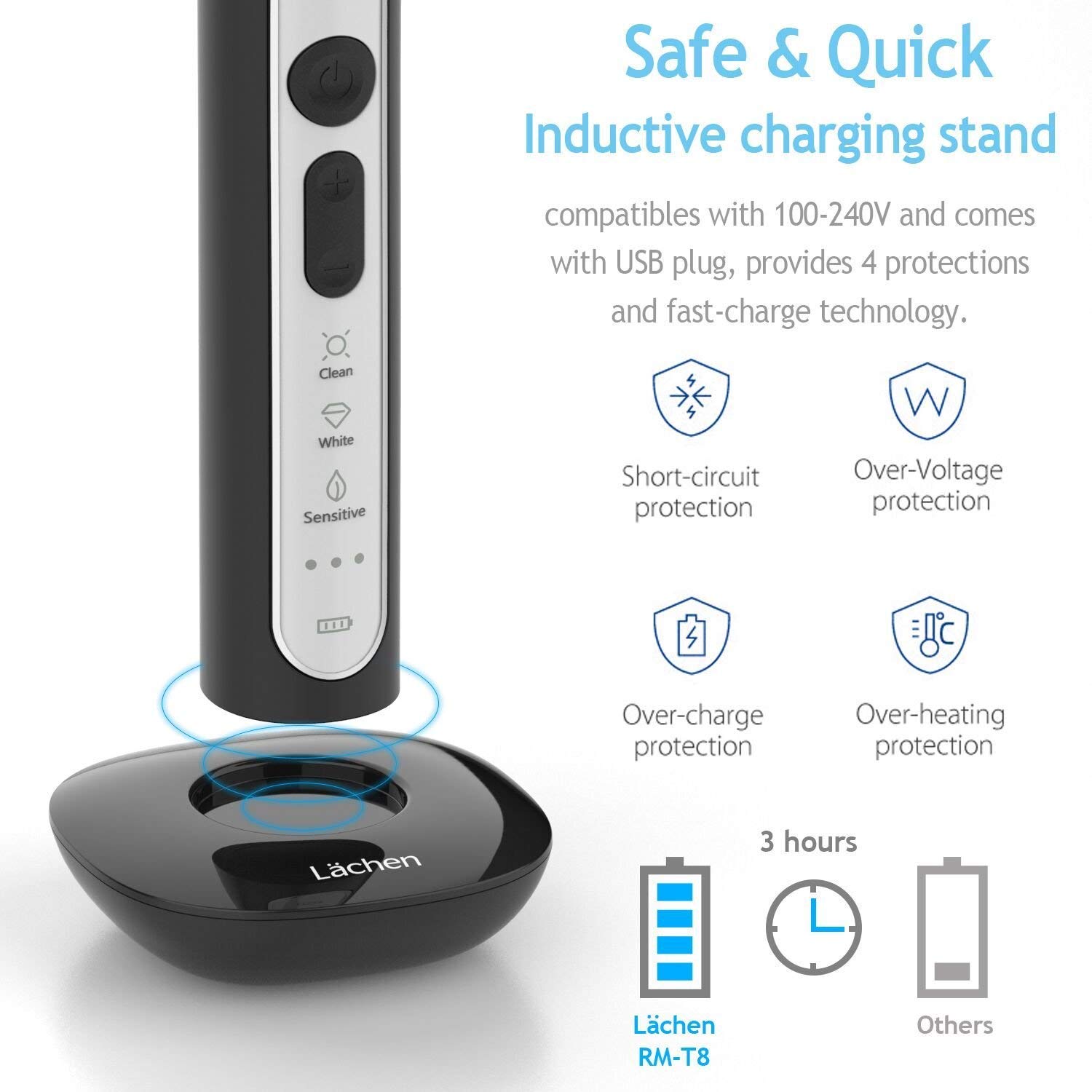 Lächen Sonic - Cepillo de dientes eléctrico sónico con 4 cabezales y temporizador, 3 modos y 3 intensidades de vibración con bolsa de viaje (negro B)