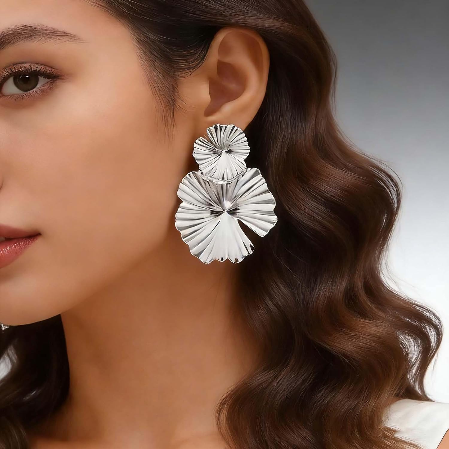 Vintage Metal Flower Drop Earrings Big Flower Petal Dangle Earrings Gold Exaggerated Flower Earrings Exaggerated Large Floral Stud Earrings Flower Brushed Earrings Jewelry for Women - Image 2