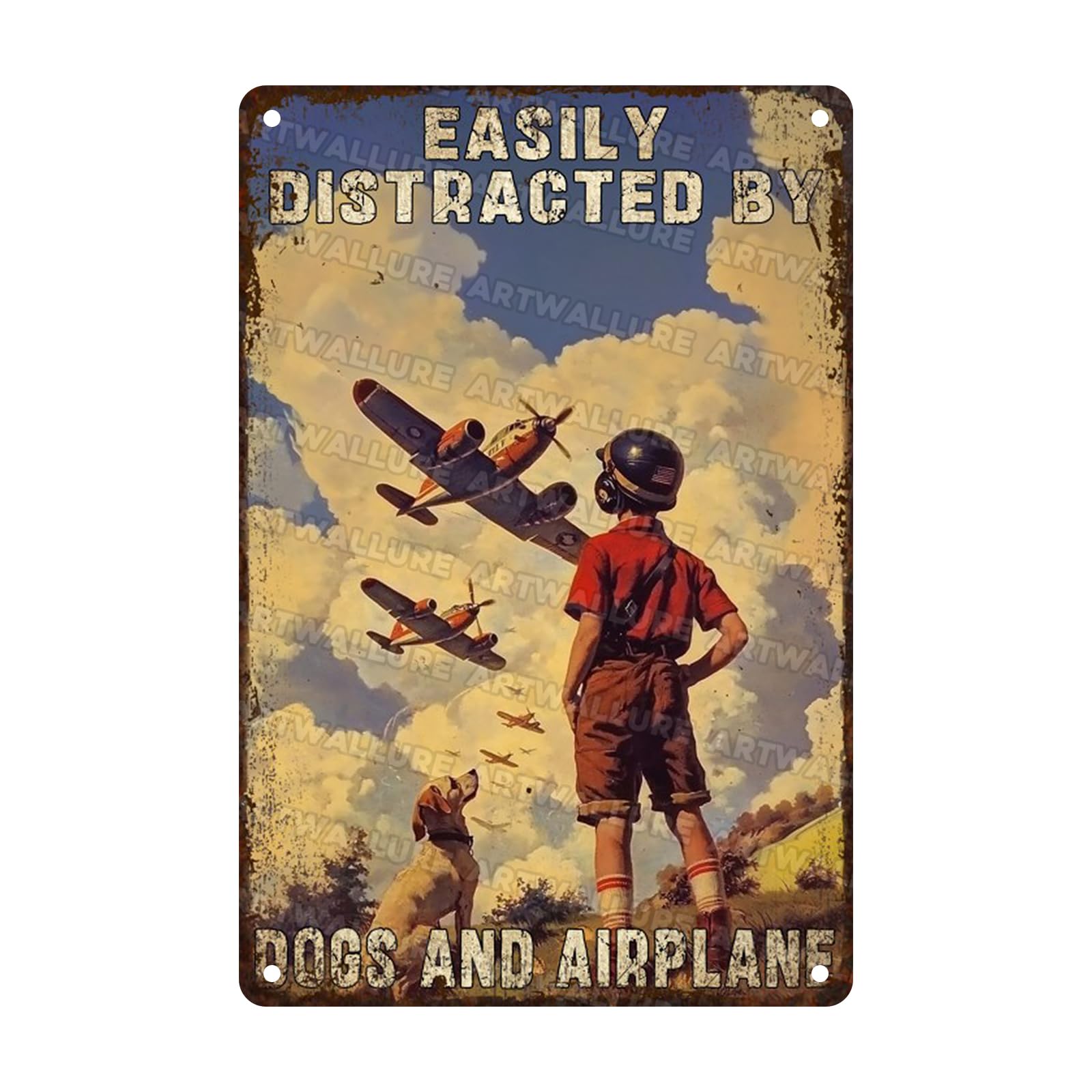 Anceky Metal Sign Vintage Easily Distracted By Dogs And Airplane Boy Tin Sign Wall Decor for Home Kitchen Entryway Backyard Outdoor 12×8 Inch