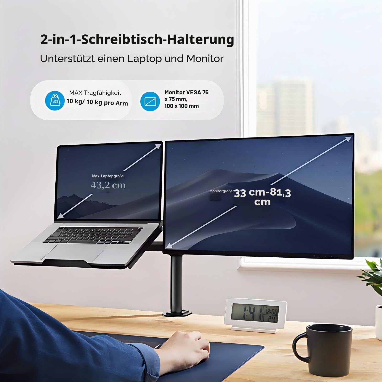 HUANUO Monitor Halterung mit Laptop Arm, Monitor Laptop Halterung für 13-32 Zoll Bildschirmhalterung 1 Monitor & 17 Zoll Notebook, VESA 75/10, Gaming
