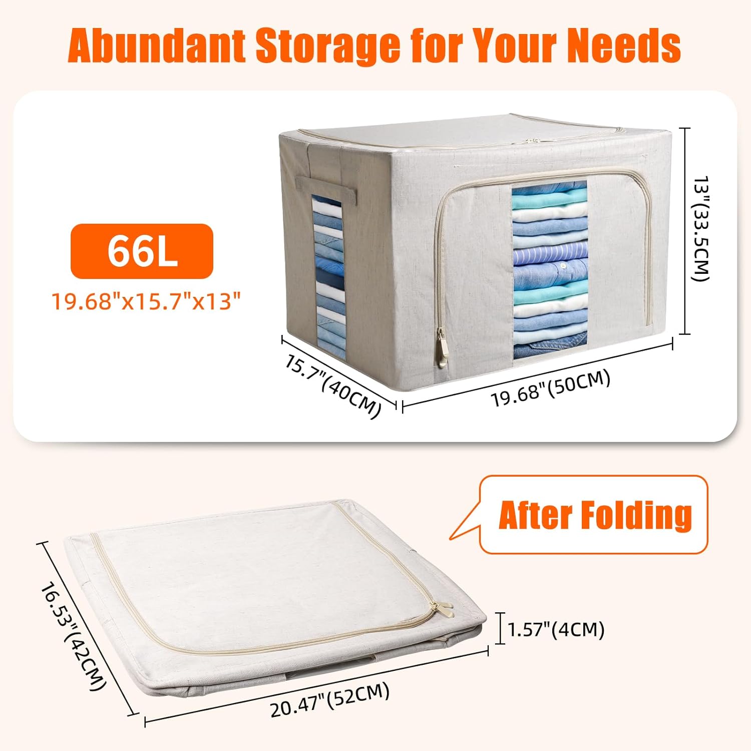 Clothes Storage Bins with Solid core powder-coated steel fram, 24/ 66L Storage Bags Fabric Box Organizer with Clear Window Zippers Sturdy Handles 2 Pack (Beige, 66L 1Pack)