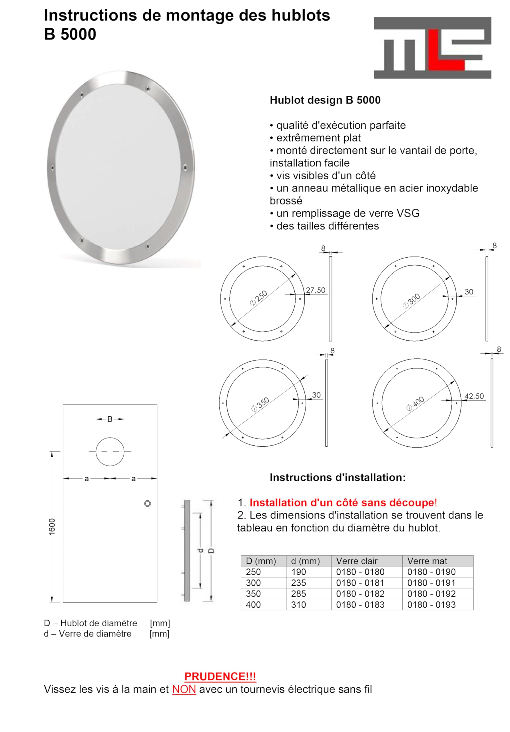 MLS Hublot B5000 de Porte, Acier Inoxydable,1 Anneau, 350 mm, Verre Clair | Verre de Sécurité Feuilleté, Montage Direct sur Panneau de Porte, Sans Découpe, Vis Visibles d'un Côté, 1 Pièce
