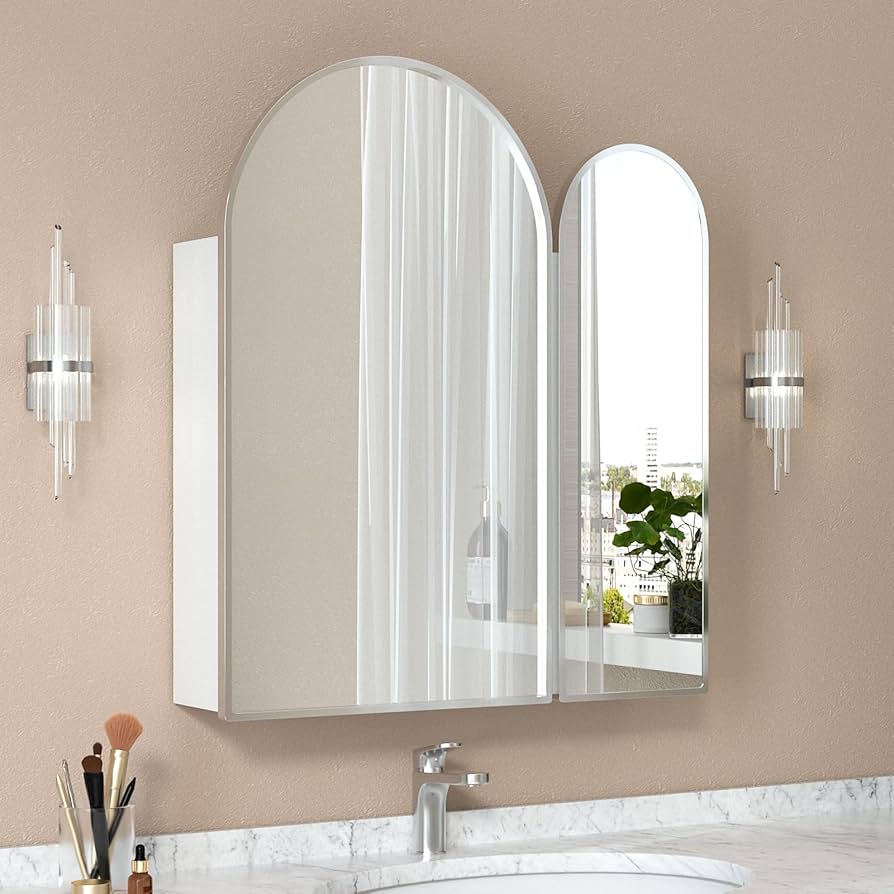 Mepplzian Gold Bathroom Cabinets With Mirror,Large Curved Arch Bathroom