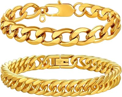 ChainsProMax Men Chain Bracelet Cuban Llink Figaro Chain Bracelet Set, Stainless Steel/Gold Plated/Black-Send Gift Box