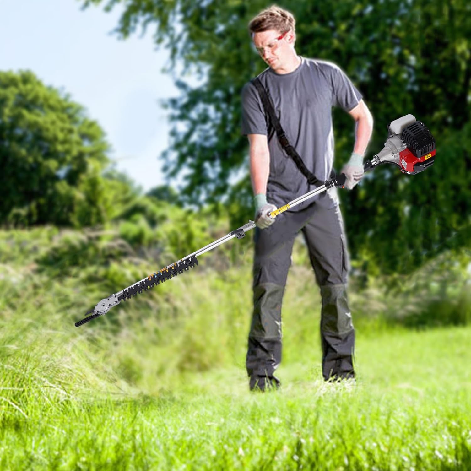 User operating a brush cutter with safety gear