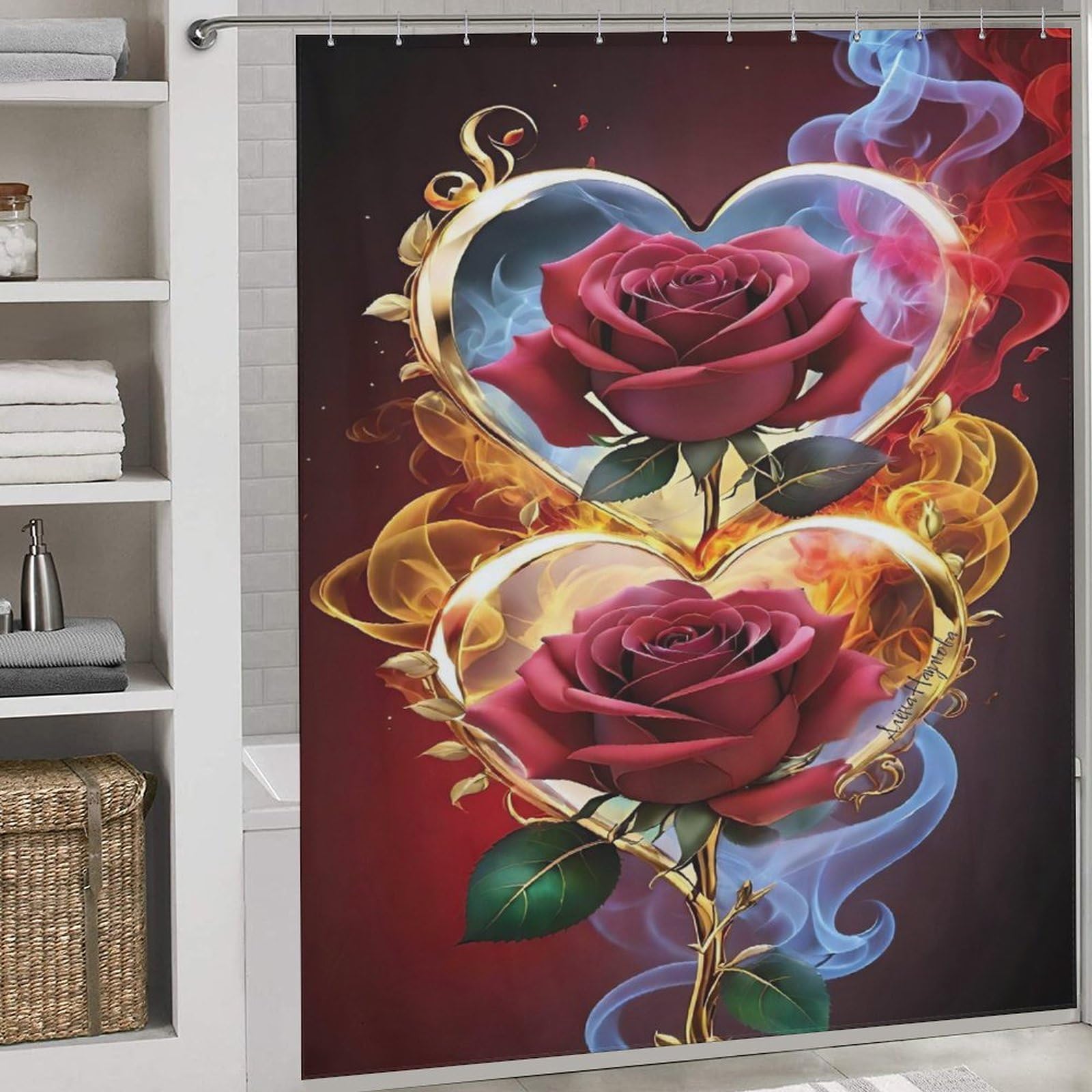 Rose Shower Curtain, Waterproof Proof Resistant, Quick-Drying, Washable Bathroom Curtain, Includes 12 Pcs Curtain Hooks, 72x72Inch (183x183cm)