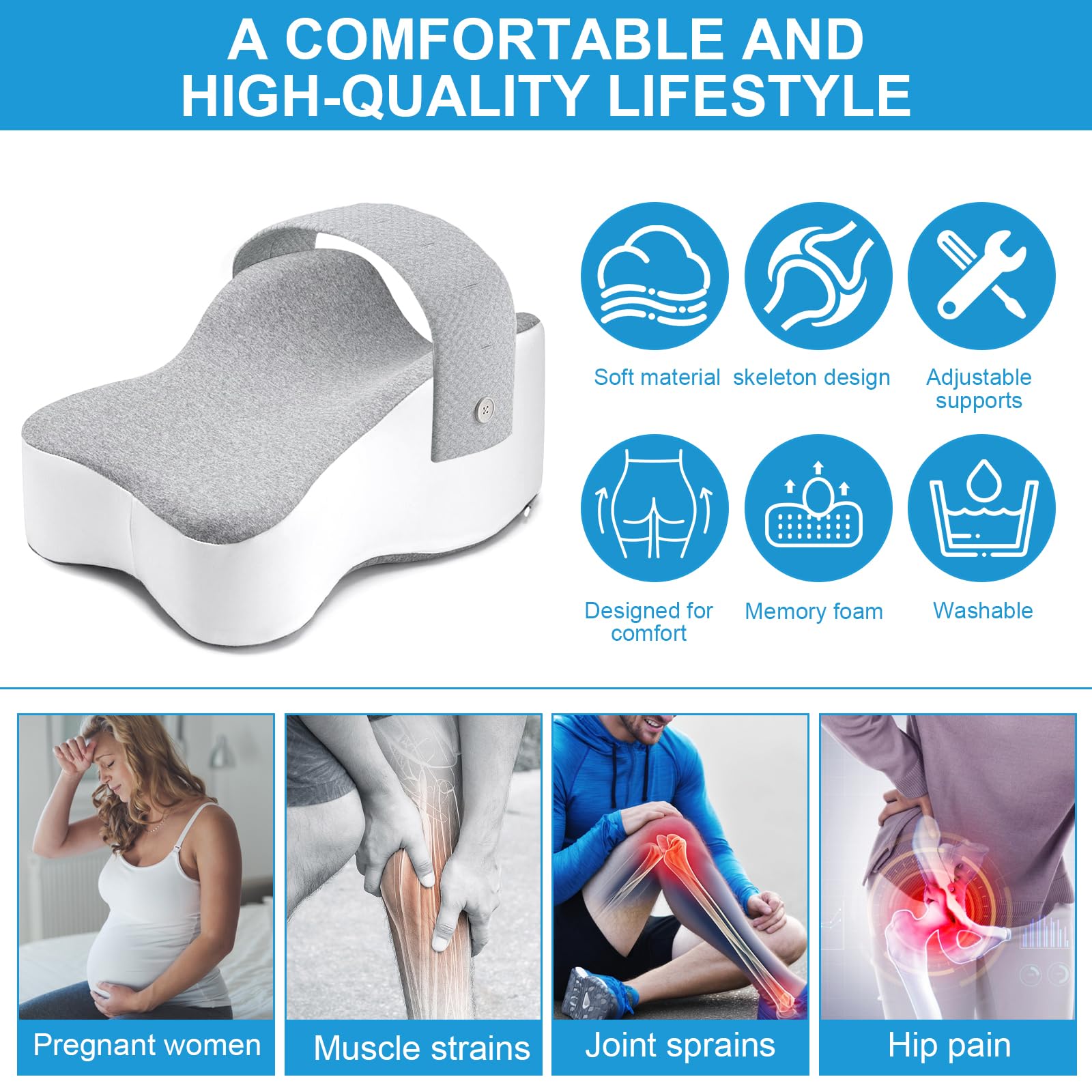 Kniekissen für Seitenschläfer – Ergonomisches Beinkissen mit Extra-Langem Design, unterstützt Oberschenkel & Knie, steigert Schlafkomfort, mit Abnehmbarem & Waschbarem Bezug-Mit Riemen