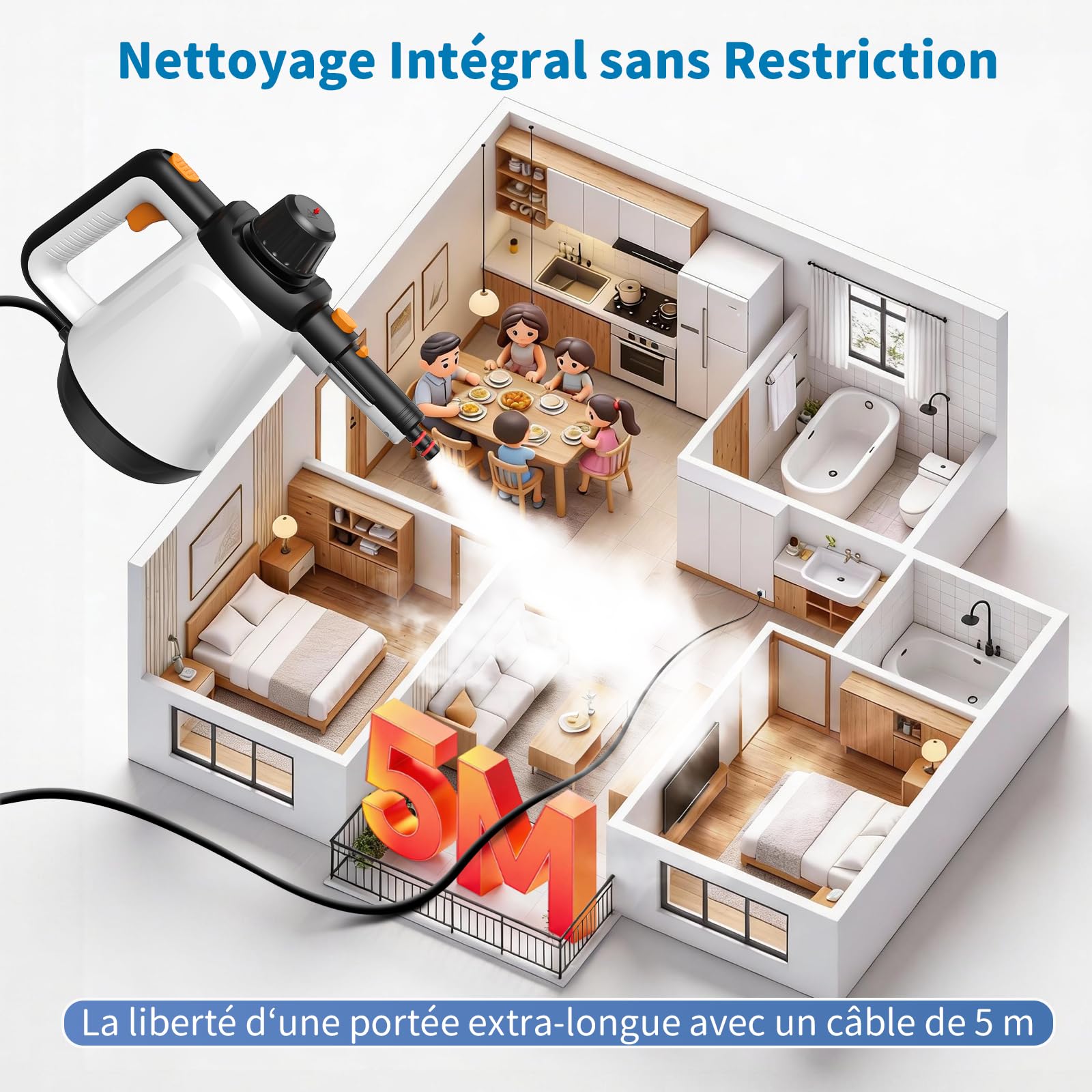 Nettoyeur Vapeur Portable, 110℃ Nettoyeur Vapeur à Main pour un Nettoyage Efficace, Polyvalent Vaporetto avec 10 Accessoires et Câble 5m pour Canapés, Tapis, Joints, Nettoyage sans chimie (Blanc)