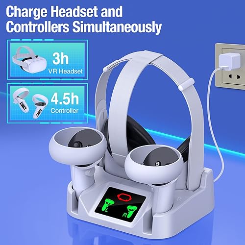 Miniatura 2 de Base de carga VR para Meta Quest 2Oculus Quest 2, estación de carga VR para auriculares y controlador VR, base de carga con 2 baterías recargables,