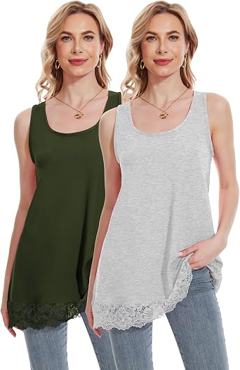 TAIPOVE Cotton Lace Camisole Long Tank Tops for Women for Under Clothes Layering Shirt Extender Sleeveless Tunic 1-2PKS