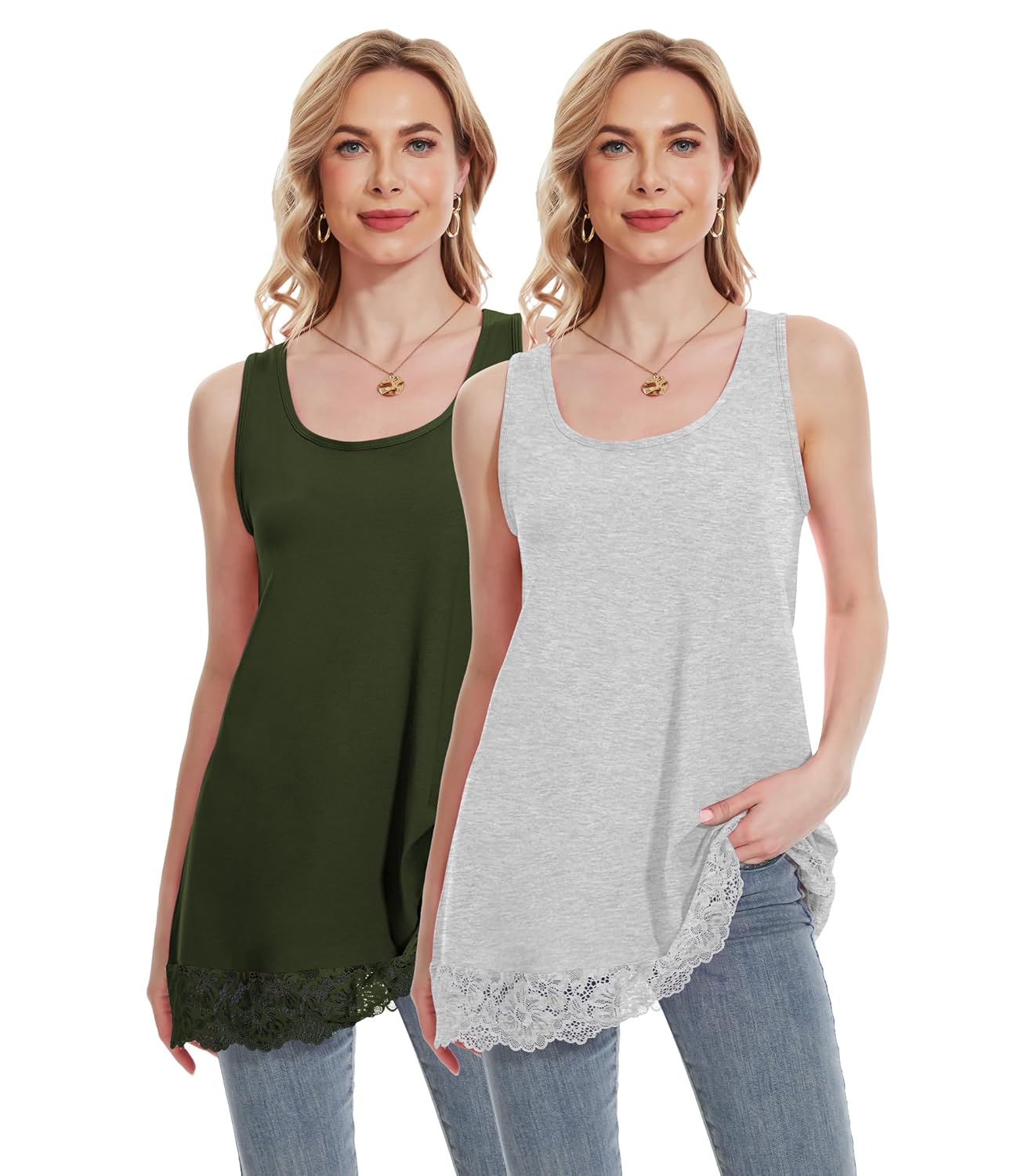 TAIPOVE Long Lace Camisole Tank Tops for Women for Under Clothes Cotton Layering Shirt Extender Sleeveless Tunic 2PKS