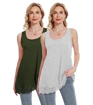 TAIPOVE Long Lace Camisole Tank Tops for Women for Under Clothes Cotton Layering Shirt Extender Sleeveless Tunic 2PKS